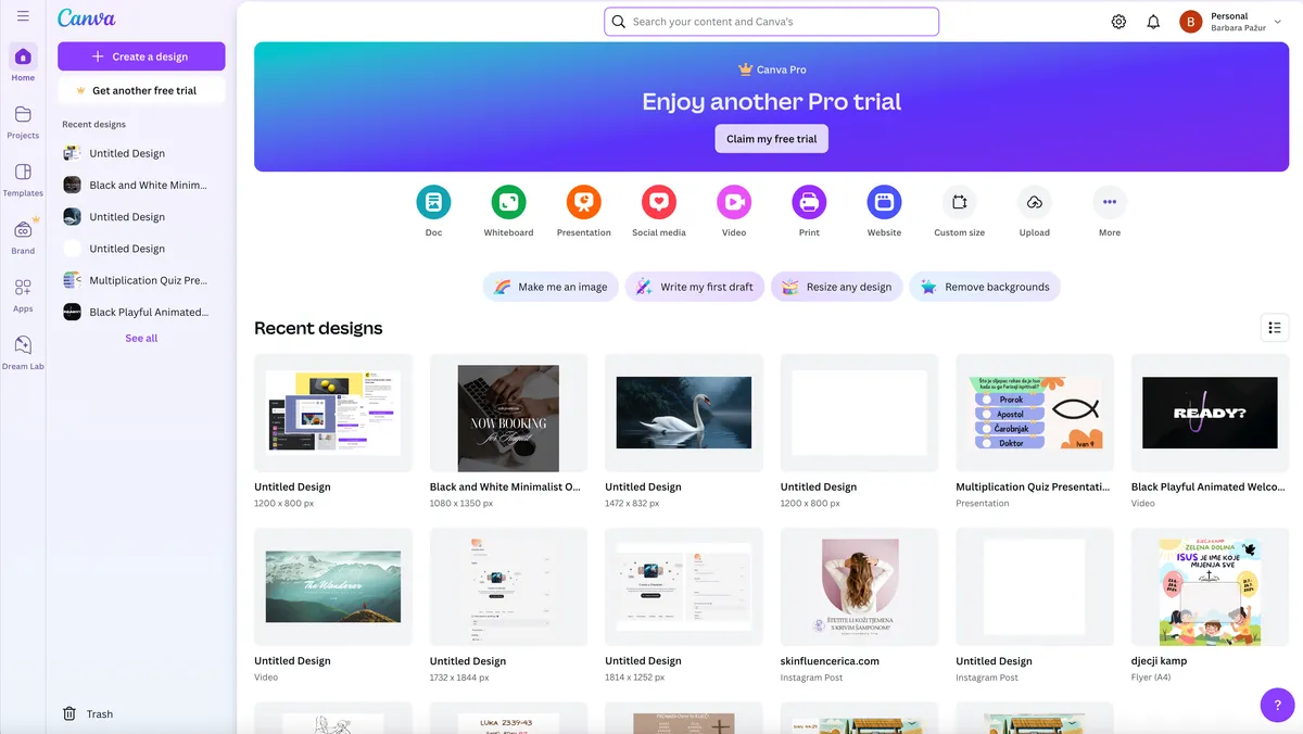 Canva AI image editor interface with design templates